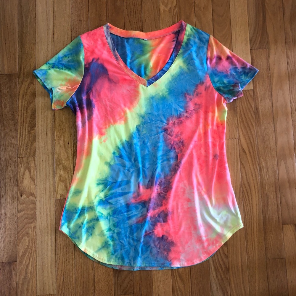 Women's V-Neck Tie-Dye Short Sleeve Top - Neon Multicolor